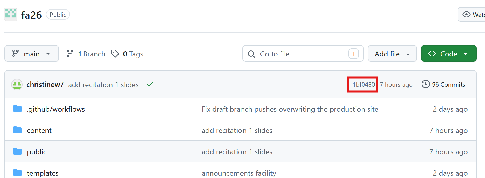 GitHub repository page with the latest commit's short hash highlighted
