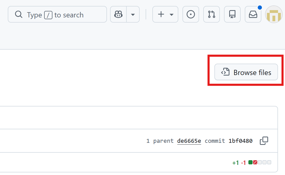GitHub commit page with the Browse files button highlighted