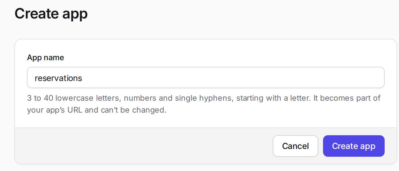 Create app form with reservations entered as the app name and the naming rule below it
