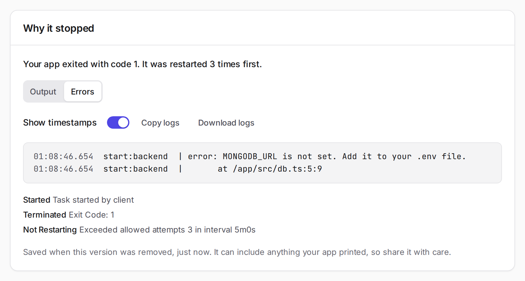 Why it stopped panel reporting exit code 1 after three restarts, with Errors showing MONGODB_URL is not set