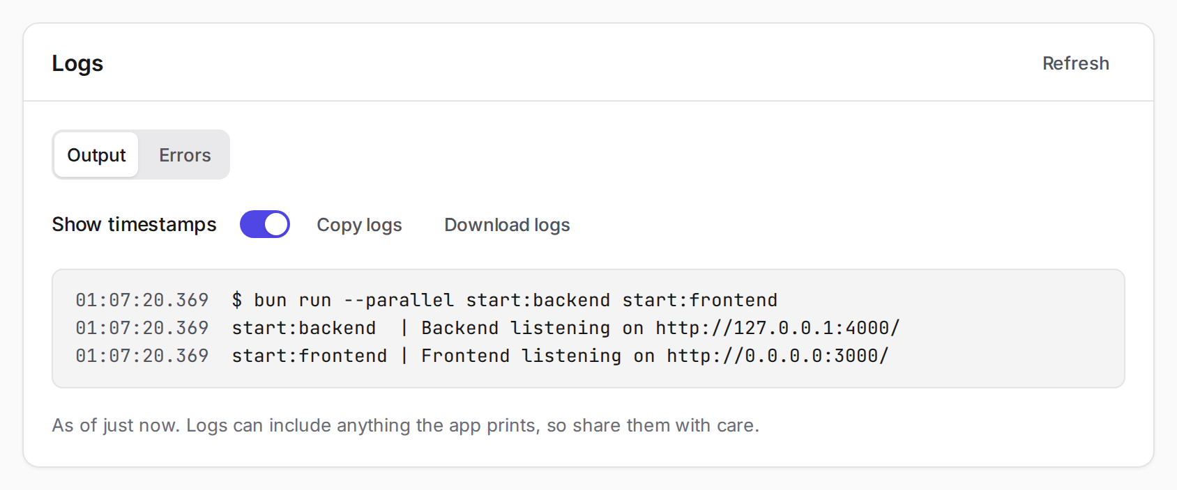 Logs showing the reservations app's start command, backend listening on 127.0.0.1:4000, and frontend listening on 0.0.0.0:3000