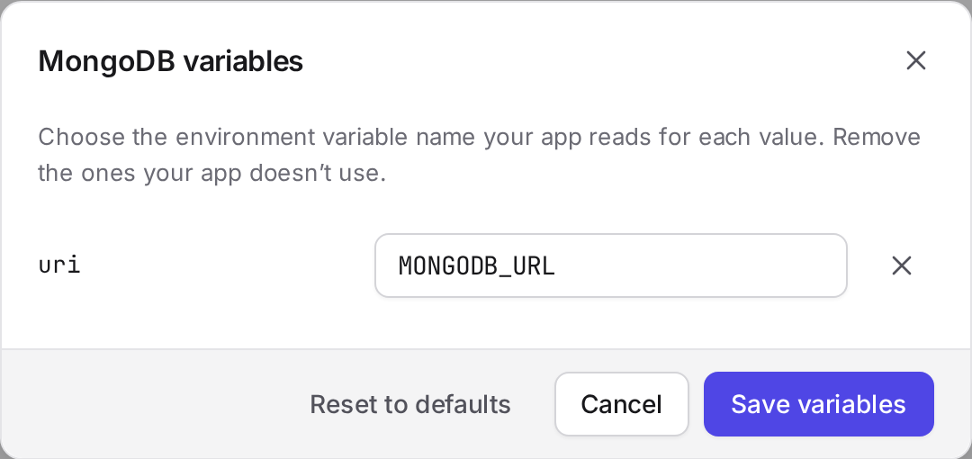 MongoDB variables dialog with uri mapped to MONGODB_URL and a Save variables button