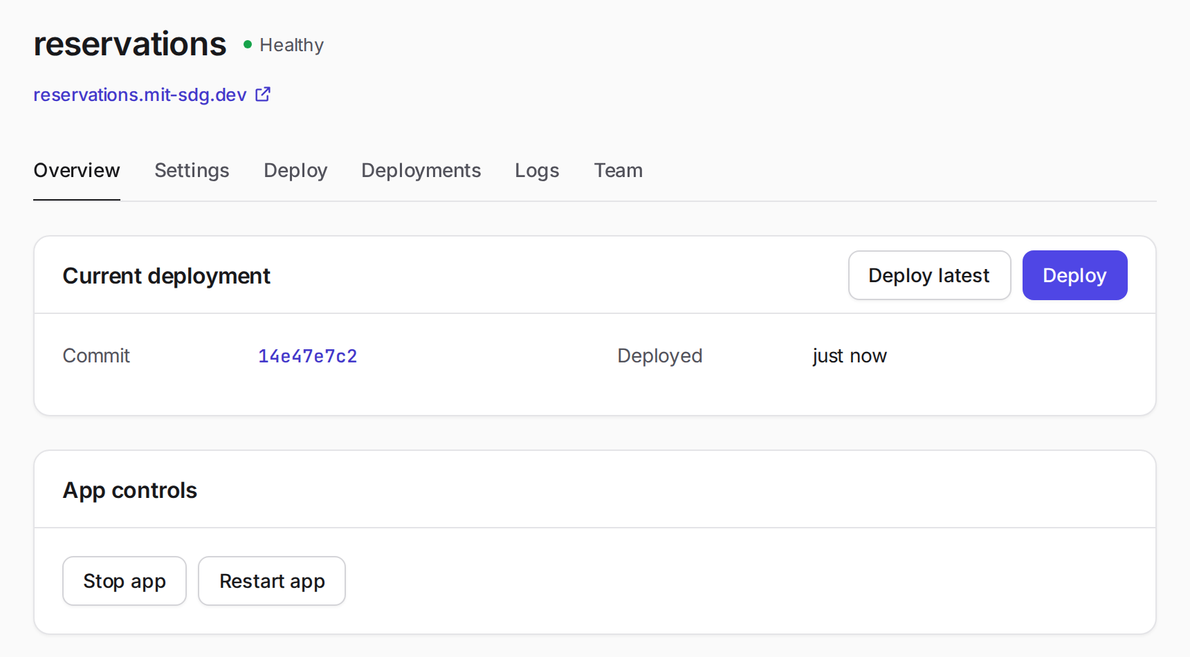 Overview tab showing the app as Healthy, its current commit, Deploy latest and Deploy buttons, and Stop app and Restart app controls