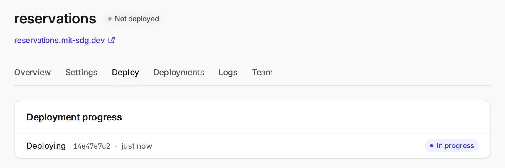 Deploy tab showing a commit deployment marked In progress while the app is marked Not deployed