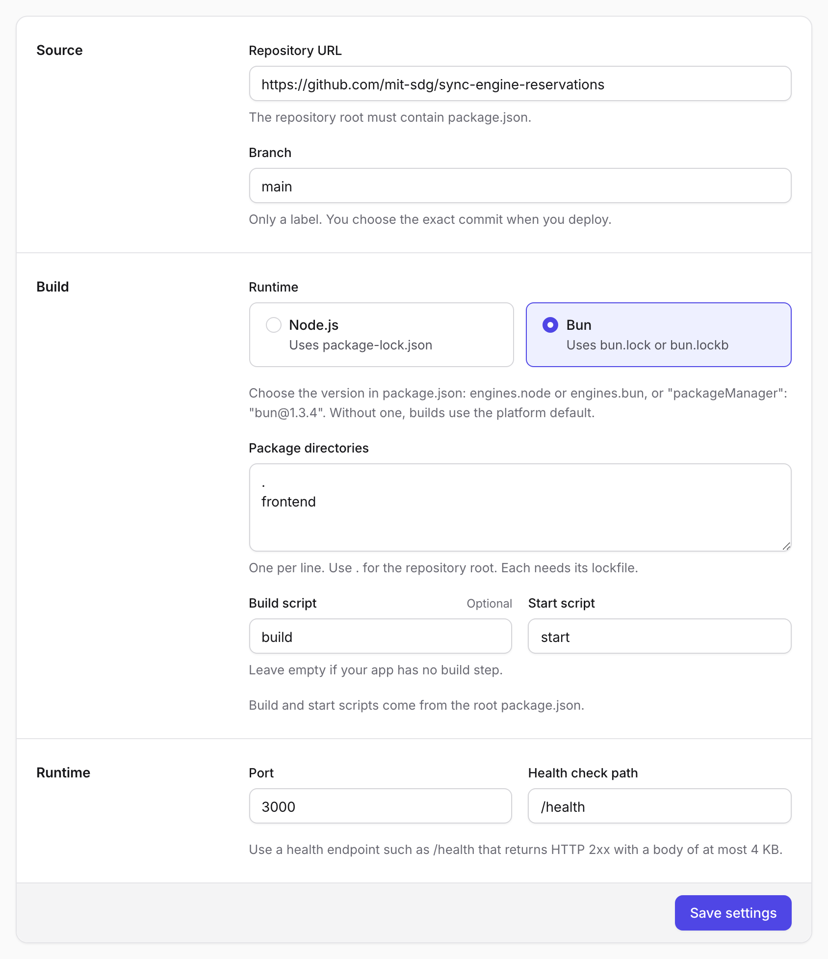Settings form with branch main, Bun selected, package directories set to a dot and frontend, build script build, start script start, port 3000, and health check path /health
